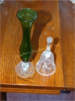 Green 8" glass vase & crystal bell