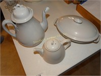White ironstone coffee pot (chip), tea pot,