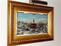 Reverse painting scene of church in winter with