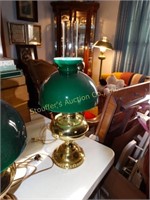 Brass electric lamp w/green glass shade 21"H