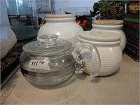 White Pottery Canisters, Pyrex Coffee Carafe,