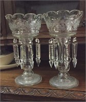 Pair of Crystal Lusters w/ Etched Flowers