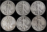 Coins - 6 walking liberty half dollars
