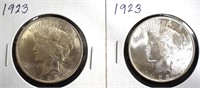 Coins - 2 1923 Peace Silver Dollars CHOICE