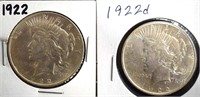 Coins - 1922 & 22d Peace Silver Dollars CHOICE