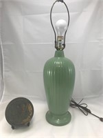 Vintage Green Ceramic Lamp & Metal Tin