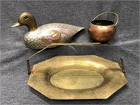Enameled Brass Duck, Small Copper Pot, Tray