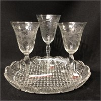 Crystal & Glass Serving Dish, Etched Wine Glasses