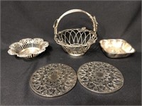 Silverplate Basket, Trivets, Wine Coaster Holder