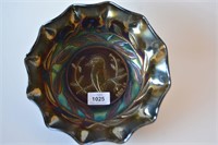 Amethyst carnival glass 'Kookaburra' bowl,