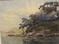 C.H. Woods, river landscape, watercolour,