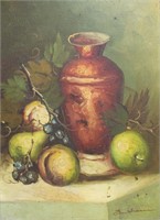Artist unknown, still life - vase & fruit, oil