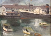 Williamson, harbour scene showing old freighter,