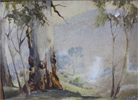 Artist unknown, rural scene with large gums,