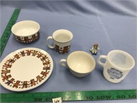 Lot of child's dinner set with plate, bowl, cup an