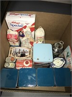 Box of collector's tins, log cabin syrup, Matanusk