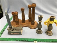 Lot of assorted candlesticks, wood, and 1 metal on
