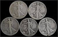 Coins - 5 Walking Liberty Half Dollars