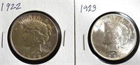 Coins - 1922 & 1923 Peace Silver Dollars CHOICE
