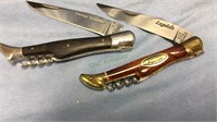 Two knives with cork screws , 5 inches long,