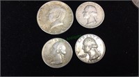 1 US half dollar 1964, 3 silver US quarters,