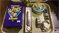 Tray lot with 4 ladies watches, painted egg and