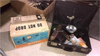 Antique suitcase, cameras, flashbulbs, Dual 8
