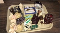 Tray lot that includes amethyst geode, matchbox