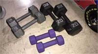 Three pairs of dumbbells, 5 pounds, 15 pounds, 20