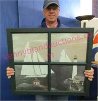 "sailboat & lighthouse" window framed print