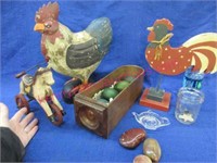 old wooden sewing drawer -wooden chickens -rocks