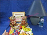 pig bookends -children books -blue lamp -print