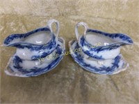 2 Flow Blue Gravy Boats with Underplates