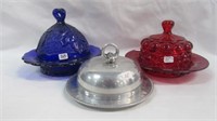 Pattern Glass Butter Dishes Blue Maple Leaf , red