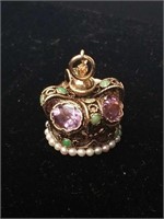 14K Crown pendant pearl jade and amethyst stones