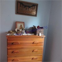 Dresser w/contents, pictures on wall