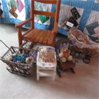 Childs wood rocking chair, dolls, buggy