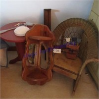 Wicker childs chair, small wood table, shelf