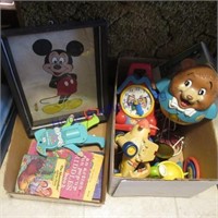 Old toys, books, framed Mickey  Mouse