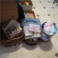 Basket, suitcase, yarn, embroidery thread