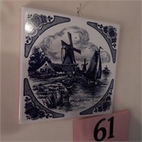 BLUE AND WHITE CERAMIC TILE WITH WINDMILL SCENE