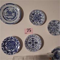 SET OF 5 DECORATIVE BLUE AND WHITE PLATES MARKED