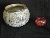 Mixed Lot Stoneware bowl & etched rose bowl