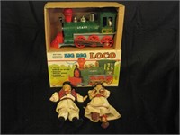 Vintage Big Red Loco Toy & 2 Amish Dolls