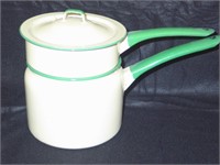 Cream & Green Enamelware Double Boiler, complete