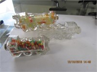 3 Vtg. Glass Candy Trains-3.25,3.25 & 4 in. long