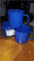 3  blue Coleman enamel 12 oz mugs