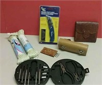Various Items Knife, Leather Pouches & More