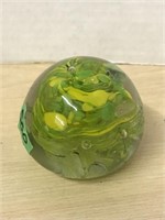 Glass Paperweight - Green/yellow Swirl
