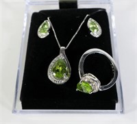 Sterling silver peridot and diamond necklace,